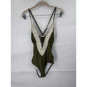 Cupshe‎ Olive Green Crochet Trim Lace Up Back One Piece Swimsuit Womens M NEW